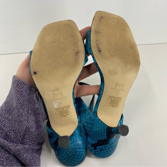 Marc Fisher LTD Womens Heeled Sandals 7M Blue Leather Snake Print Slip On - Picture 6 of 10